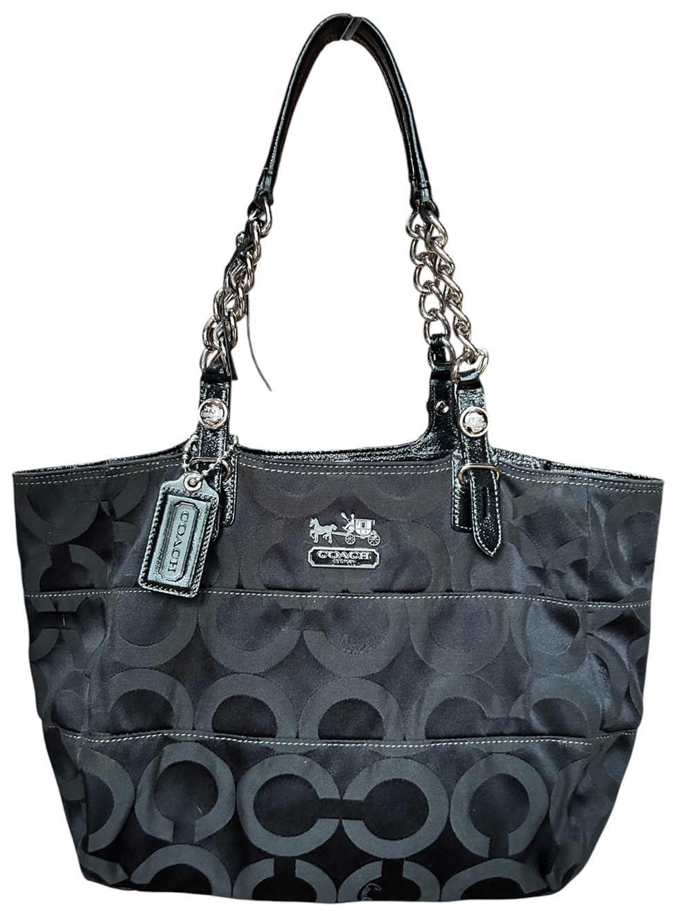 Coach Madison Op Art Signature Tote Shoulder Bag Black/Gray Large Chain